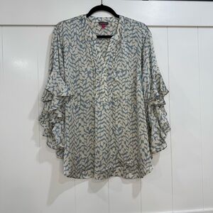 Vince Camuto Cream and Blue Ruffle Sleeve Blouse